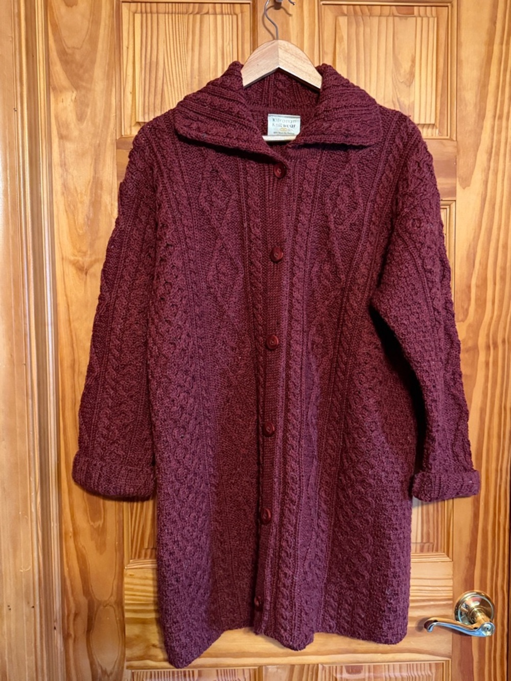 Kilronan Knitwear Cable Knit Button-Front Wool Sweater Coat - Burgundy